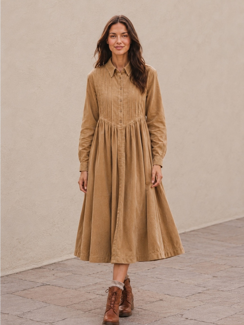 April Cornell Tan Corduroy Midi Shirt Dress